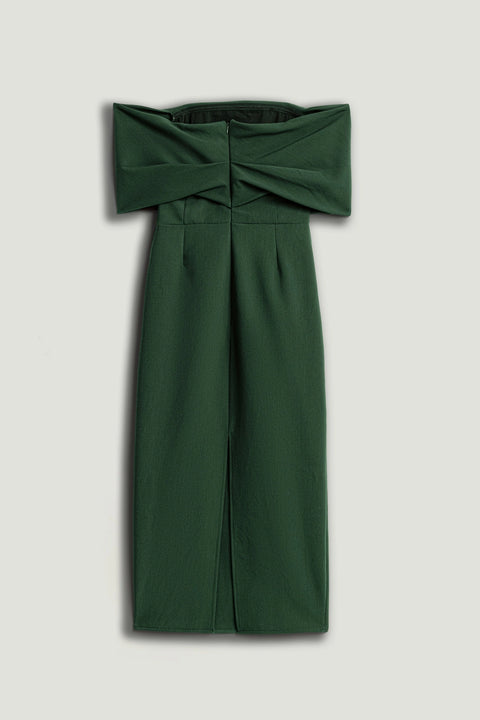 Off-Shoulder Foldover Column Midi Dress