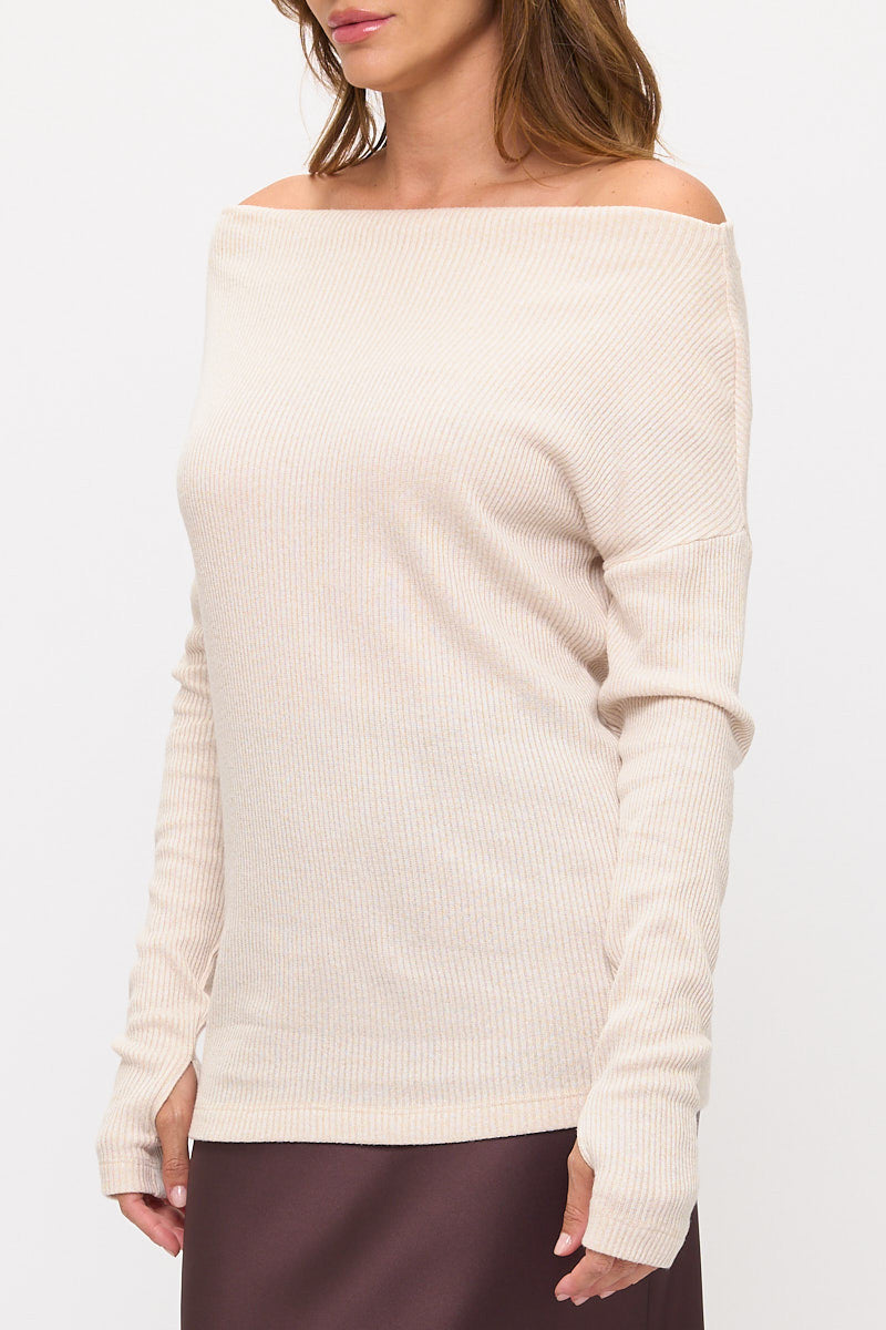 Off The Shoulder Rib Knit Solid Long Sleeve Sweater-2