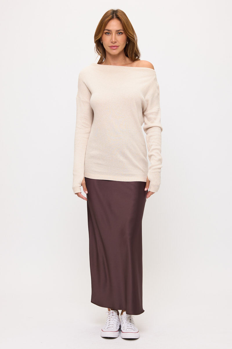 Off The Shoulder Rib Knit Solid Long Sleeve Sweater-5