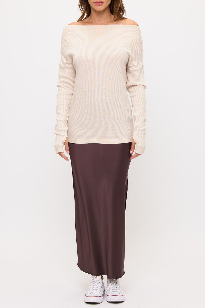 Off The Shoulder Rib Knit Solid Long Sleeve Sweater-6