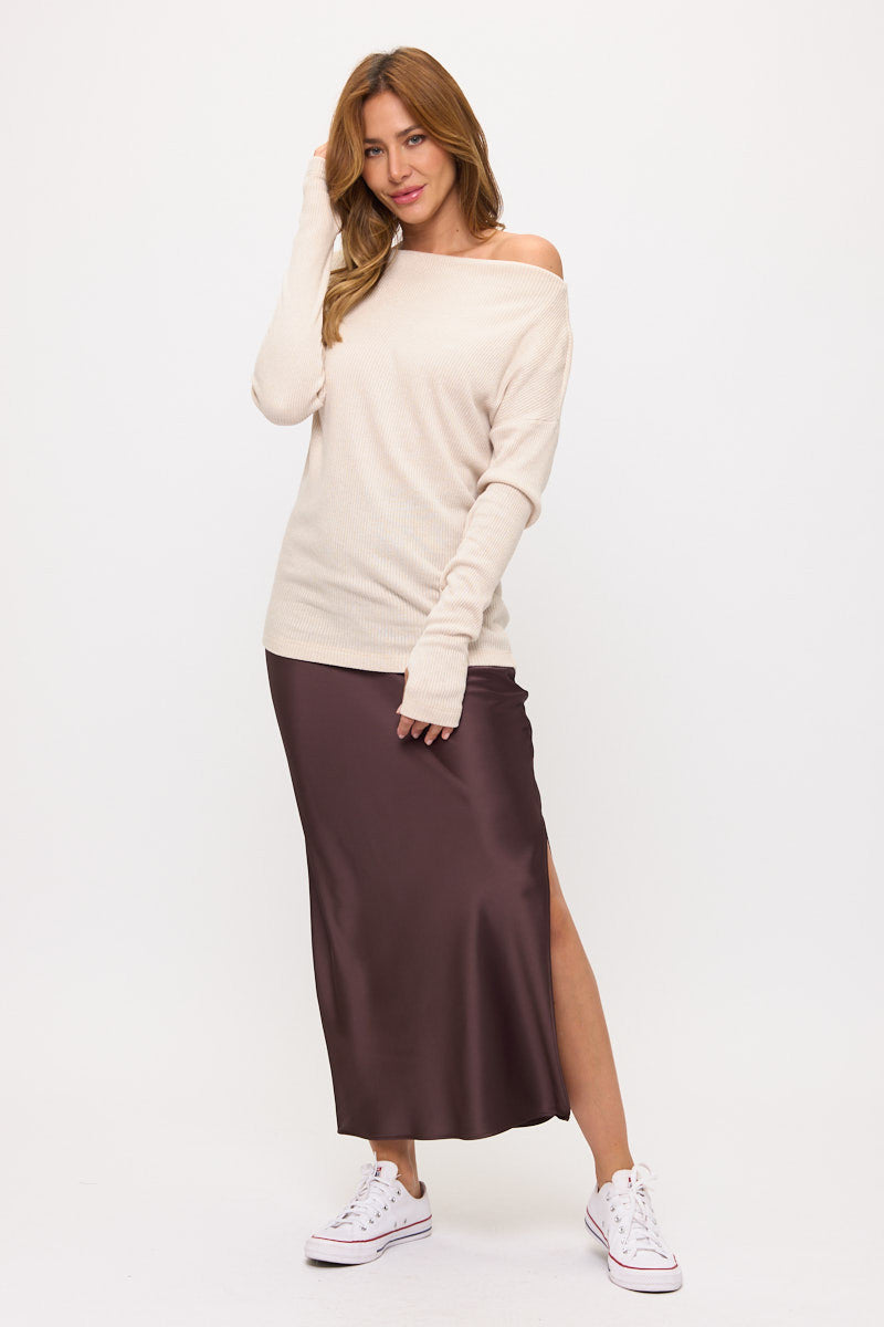 Off The Shoulder Rib Knit Solid Long Sleeve Sweater-7