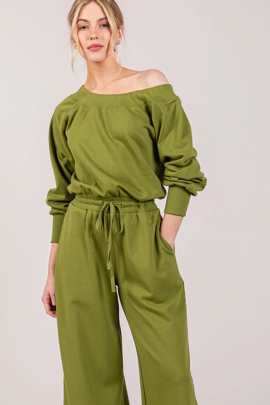 Off-The-Shoulder Slouchy Wide Leg Jumpsuit Apple Green-Jumpsuit-Lara Daisy-S-Urbanheer