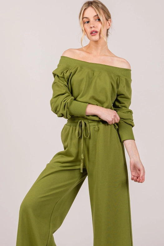 Off-The-Shoulder Slouchy Wide Leg Jumpsuit Apple Green-Jumpsuit-Lara Daisy-S-Urbanheer
