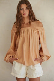Off the Shoulder Long Sleeve Top Peach-TOP-By Together-S-Peach-Urbanheer