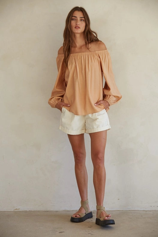 Off the Shoulder Long Sleeve Top Peach-TOP-By Together-S-Peach-Urbanheer