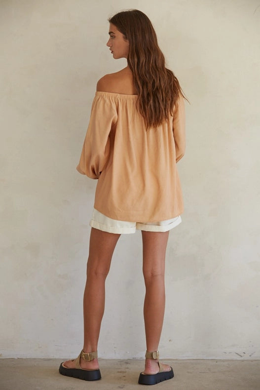 Off the Shoulder Long Sleeve Top Peach-TOP-By Together-S-Peach-Urbanheer