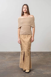 Off the Shoulders Short Sleeve Sweater Knit Top-Top-Moon River-XS-BEIGE-Urbanheer