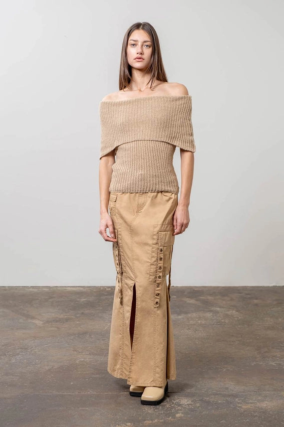 Off the Shoulders Short Sleeve Sweater Knit Top-Top-Moon River-XS-BEIGE-Urbanheer