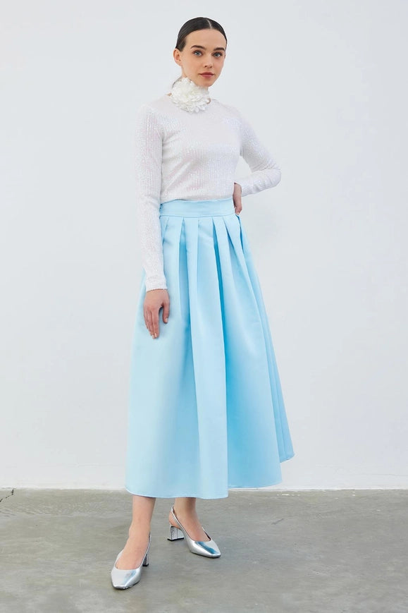 Ole Pleated High Waist Taffeta Skirt Baby Blue-Skirt-Kadriye Baştürk-36-Urbanheer