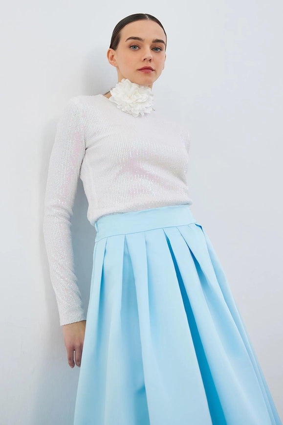 Ole Pleated High Waist Taffeta Skirt Baby Blue-Skirt-Kadriye Baştürk-36-Urbanheer