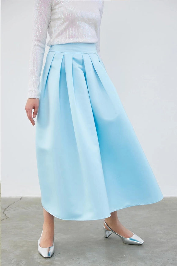 Ole Pleated High Waist Taffeta Skirt Baby Blue-Skirt-Kadriye Baştürk-36-Urbanheer