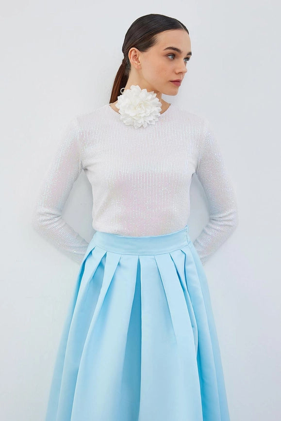 Ole Pleated High Waist Taffeta Skirt Baby Blue-Skirt-Kadriye Baştürk-36-Urbanheer