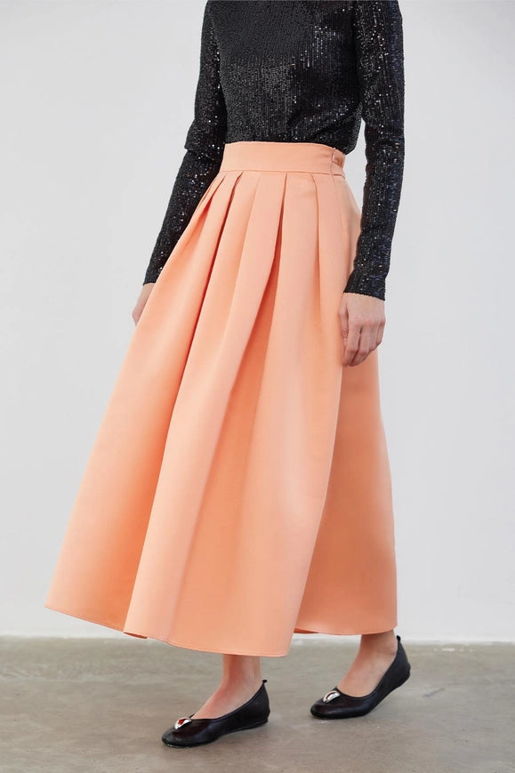 Ole Pleated High Waist Taffeta Skirt Peach-Skirt-Kadriye Baştürk-36-Urbanheer