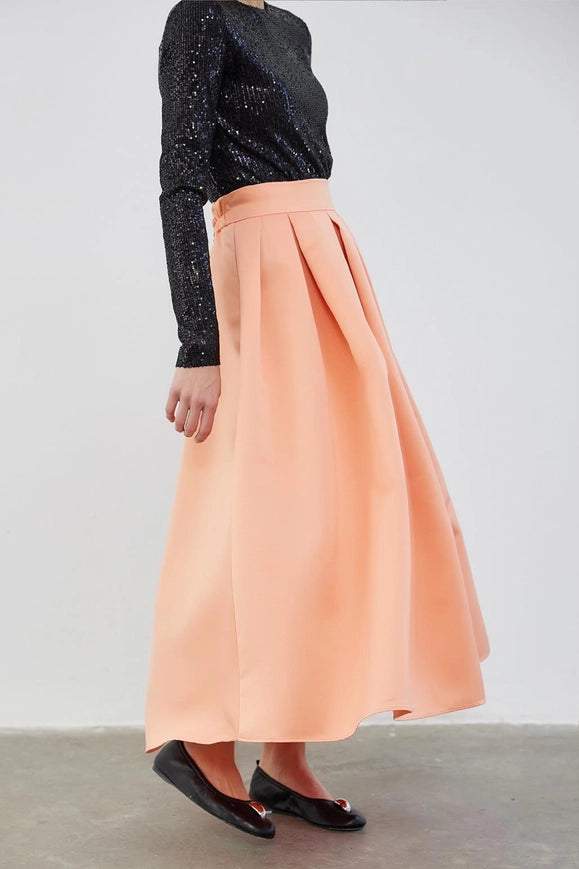 Ole Pleated High Waist Taffeta Skirt Peach-Skirt-Kadriye Baştürk-36-Urbanheer
