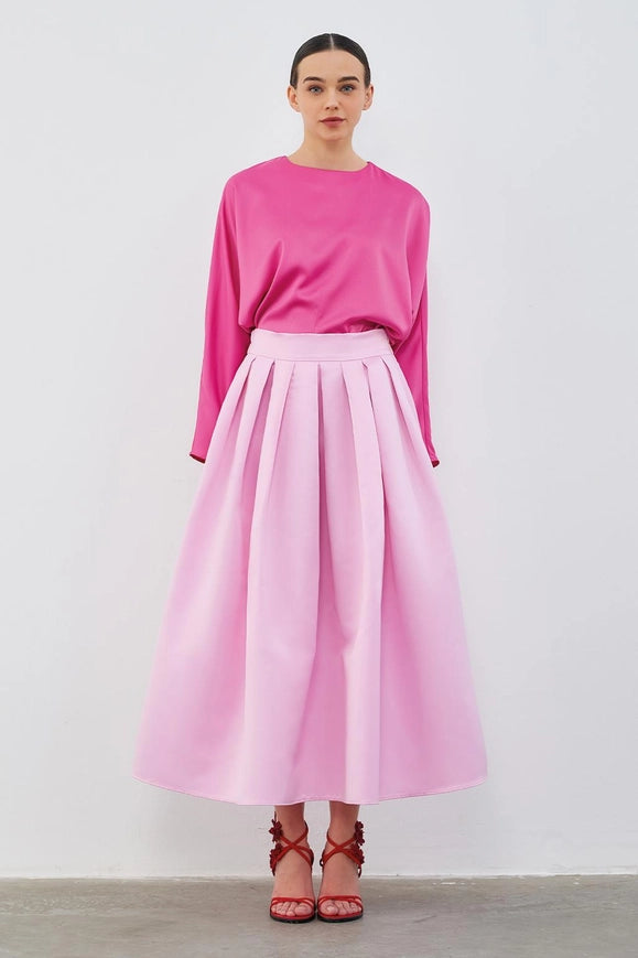 Ole Pleated High Waist Taffeta Skirt Pink-Skirt-Kadriye Baştürk-36-Urbanheer
