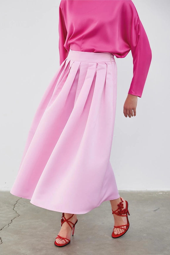 Ole Pleated High Waist Taffeta Skirt Pink-Skirt-Kadriye Baştürk-36-Urbanheer