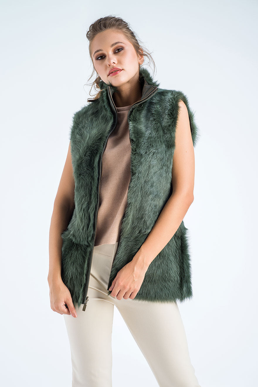 Olive Geniune Reversible Sheepskin Fur Vest-Fur Vests & Gilets-Buy Me Fur Ltd-Olive-S-Genuine Tuscan Lambskin Fur-Urbanheer