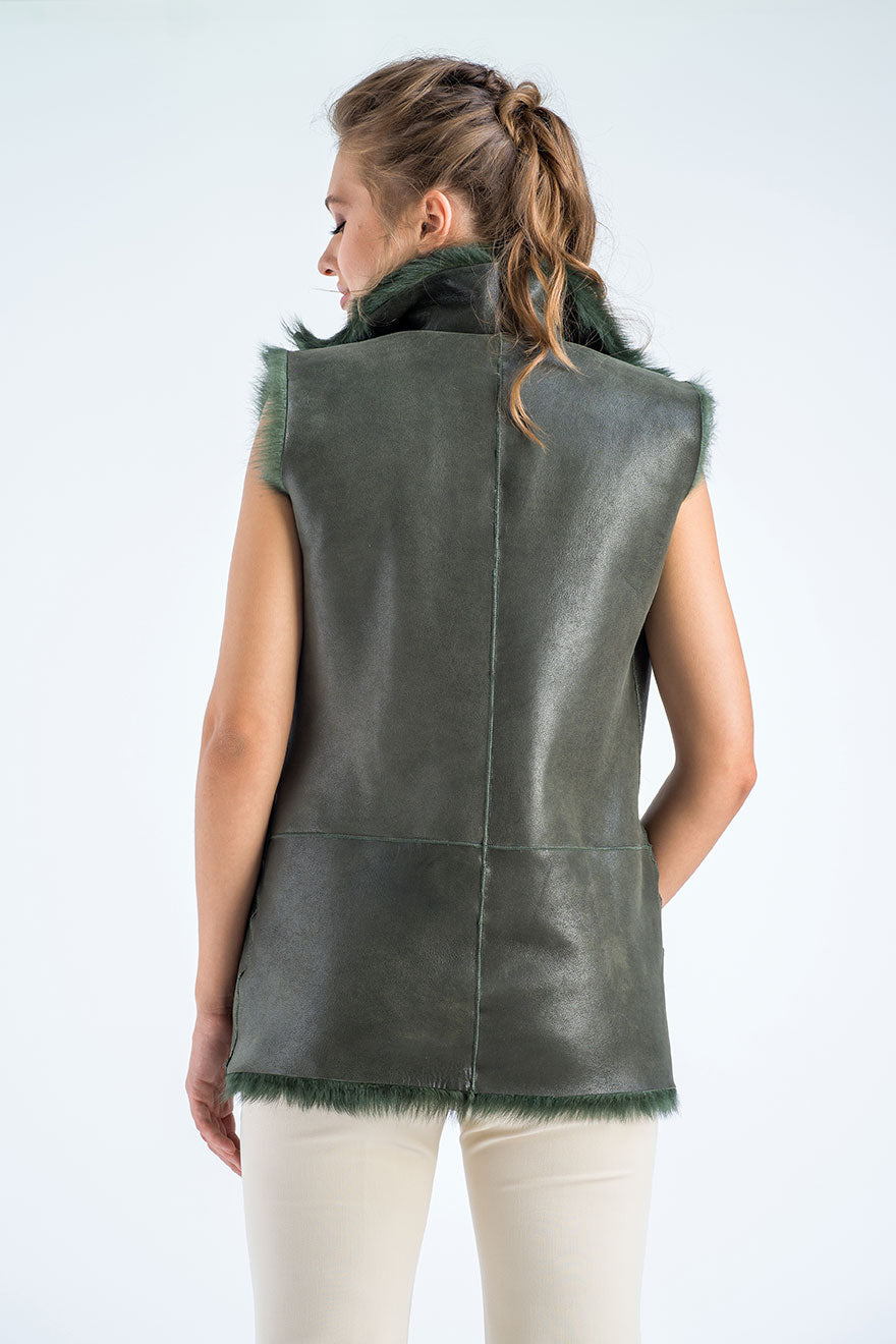 Olive Geniune Reversible Sheepskin Fur Vest-Fur Vests & Gilets-Buy Me Fur Ltd-Olive-S-Genuine Tuscan Lambskin Fur-Urbanheer