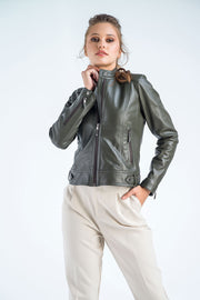 Olive Genuine Cropped Leather Jacket-Leather Jackets-Buy Me Fur Ltd-Olive-S-Genuine Leather-Urbanheer