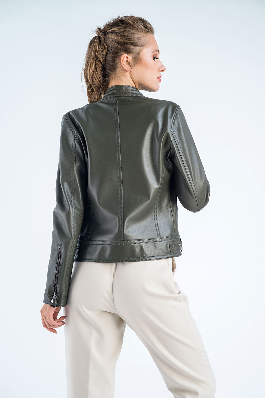 Olive Genuine Cropped Leather Jacket-Leather Jackets-Buy Me Fur Ltd-Olive-S-Genuine Leather-Urbanheer