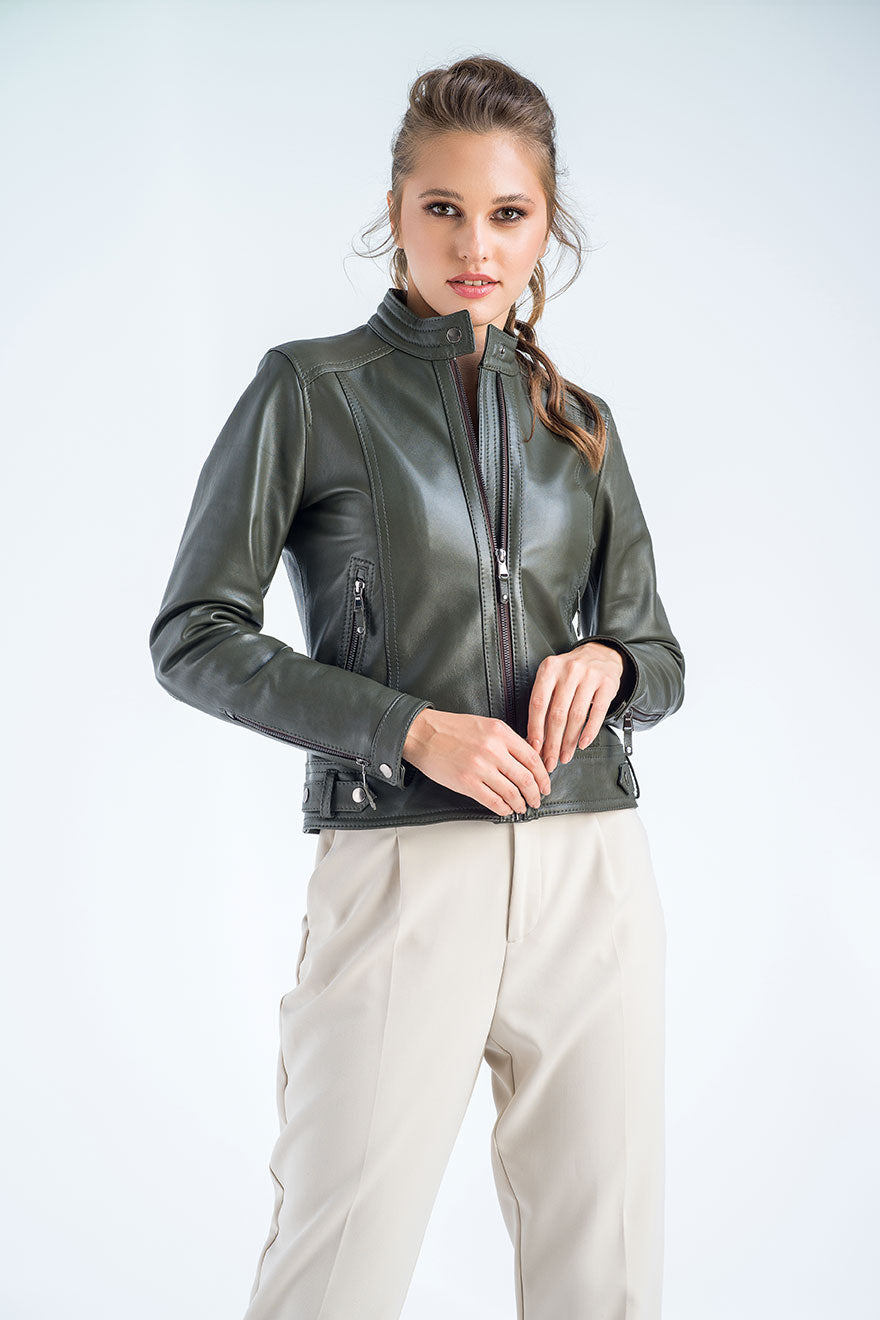 Olive Genuine Cropped Leather Jacket-Leather Jackets-Buy Me Fur Ltd-Olive-S-Genuine Leather-Urbanheer