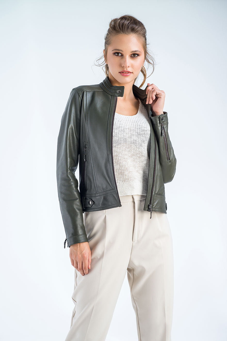 Olive Genuine Cropped Leather Jacket-Leather Jackets-Buy Me Fur Ltd-Olive-S-Genuine Leather-Urbanheer