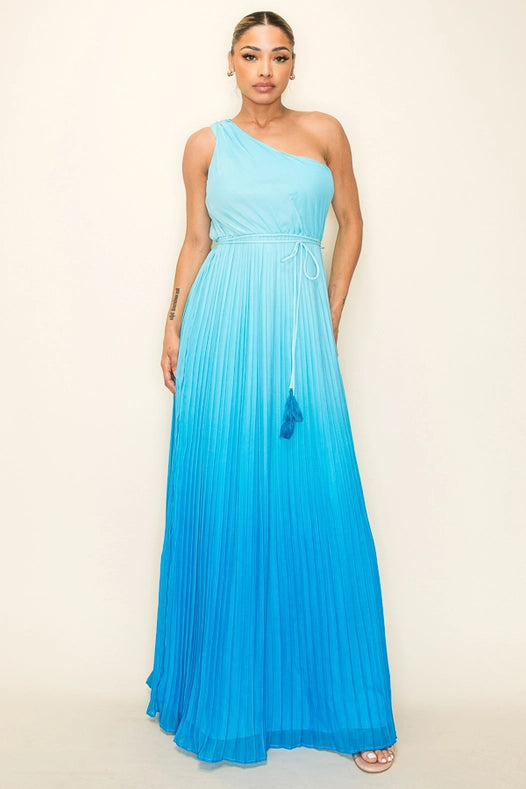Ombre Chiffon One Shoulder Pleated Maxi Dress Blue