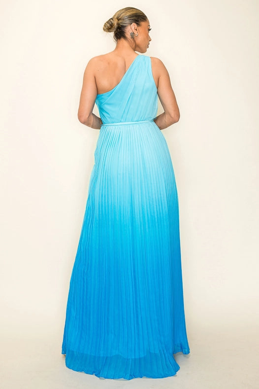 Ombre Chiffon One Shoulder Pleated Maxi Dress Blue