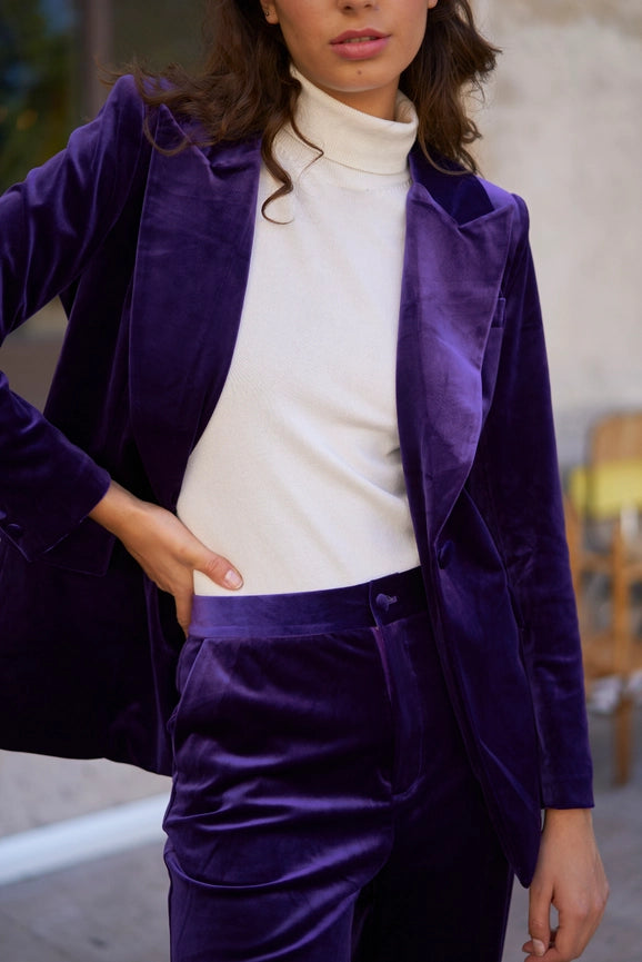 One Button Plain Velvet Fitted Jacket Purple-Jacket-Attentif Paris-S-Urbanheer