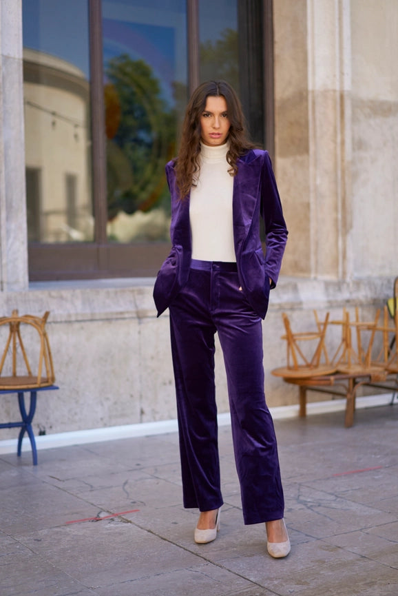 One Button Plain Velvet Fitted Jacket Purple-Jacket-Attentif Paris-S-Urbanheer