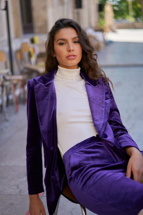 One Button Plain Velvet Fitted Jacket Purple-Jacket-Attentif Paris-S-Urbanheer