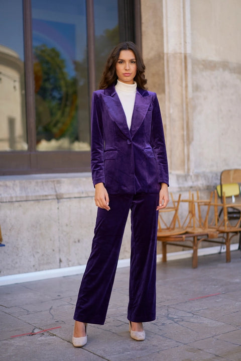 One Button Plain Velvet Fitted Jacket Purple-Jacket-Attentif Paris-S-Urbanheer
