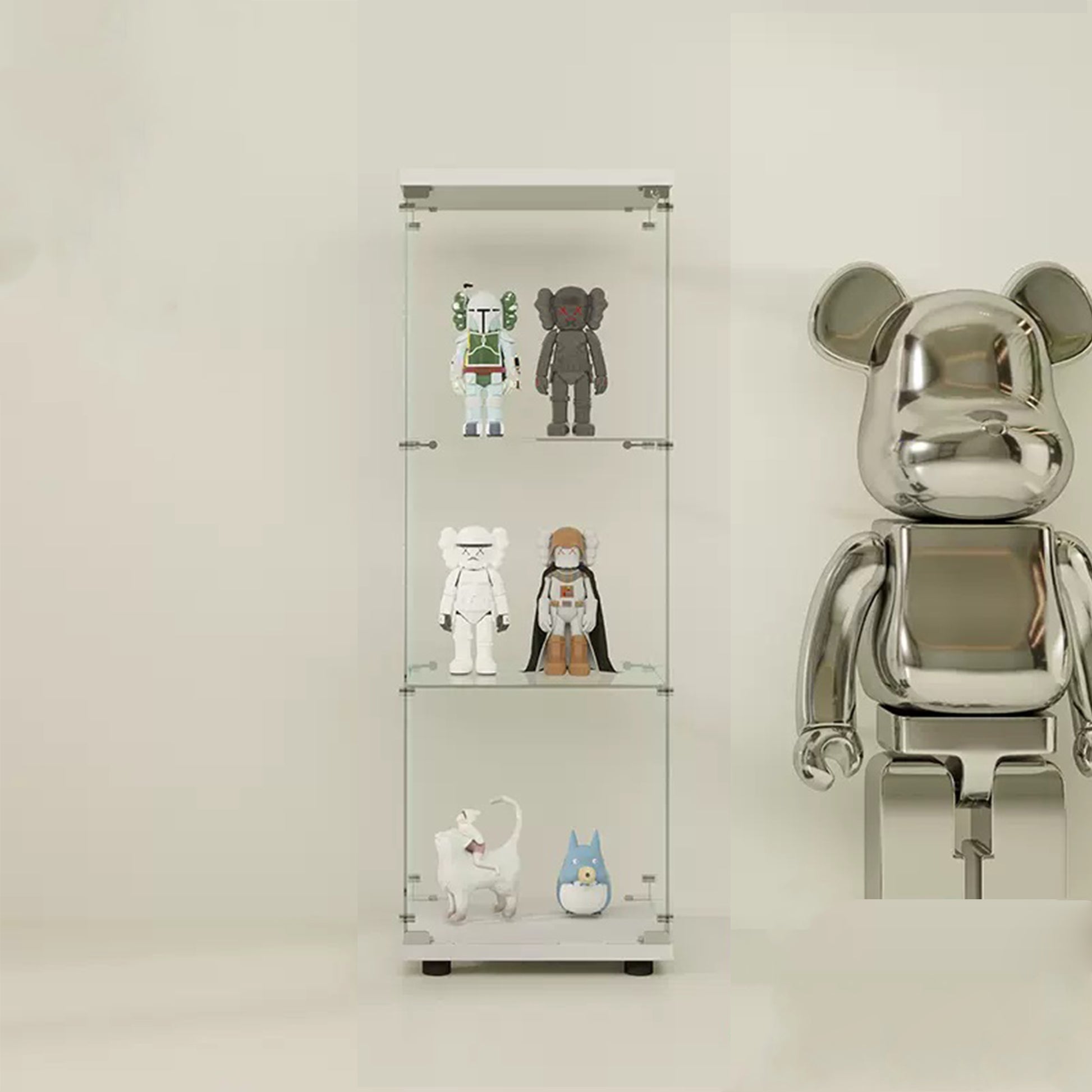 One Door Glass Cabinet Glass Display Cabinet with 3 Shelves, White-UH Decor-Default-Urbanheer