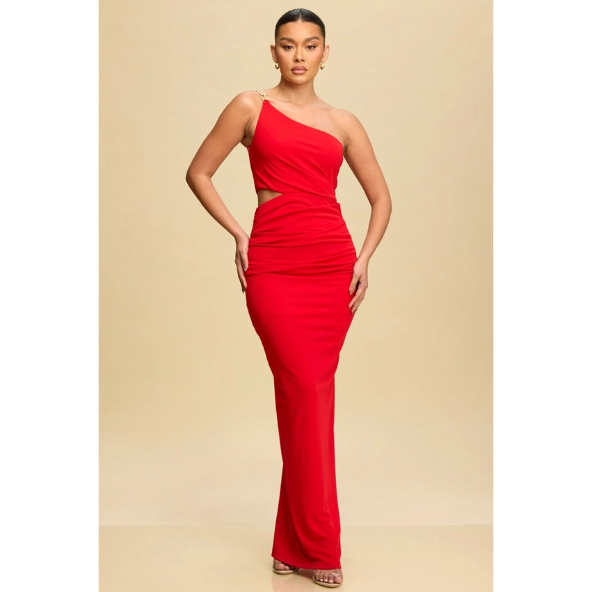 One S Gold Accent Jersey Dress RED-Dress-Luxxel-S-RED-Urbanheer