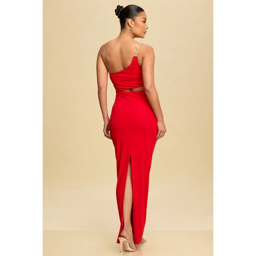 One S Gold Accent Jersey Dress RED-Dress-Luxxel-S-RED-Urbanheer