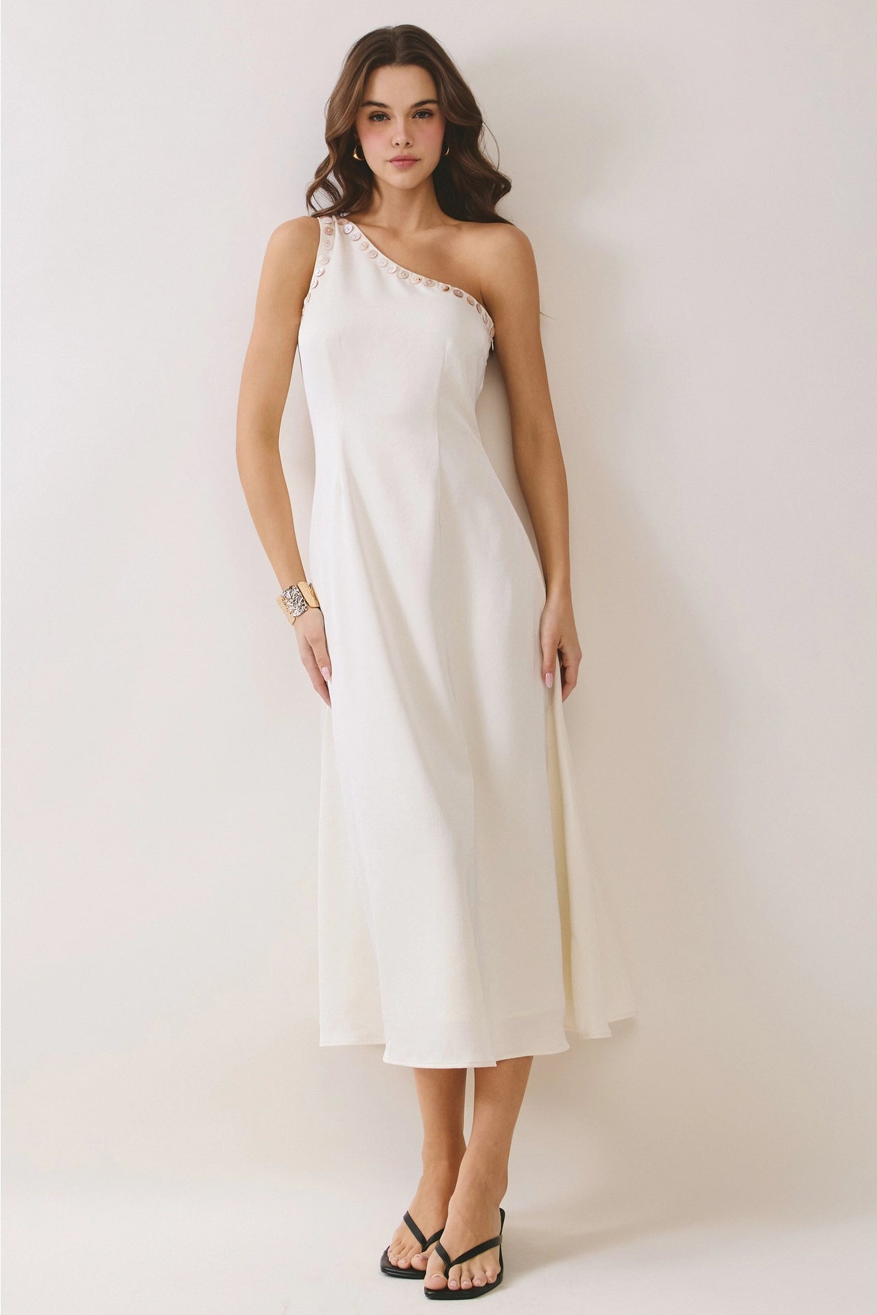 One Shoulder Button Detail Midi Dress