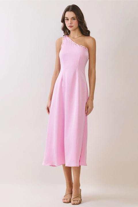 One Shoulder Button Detail Midi Dress