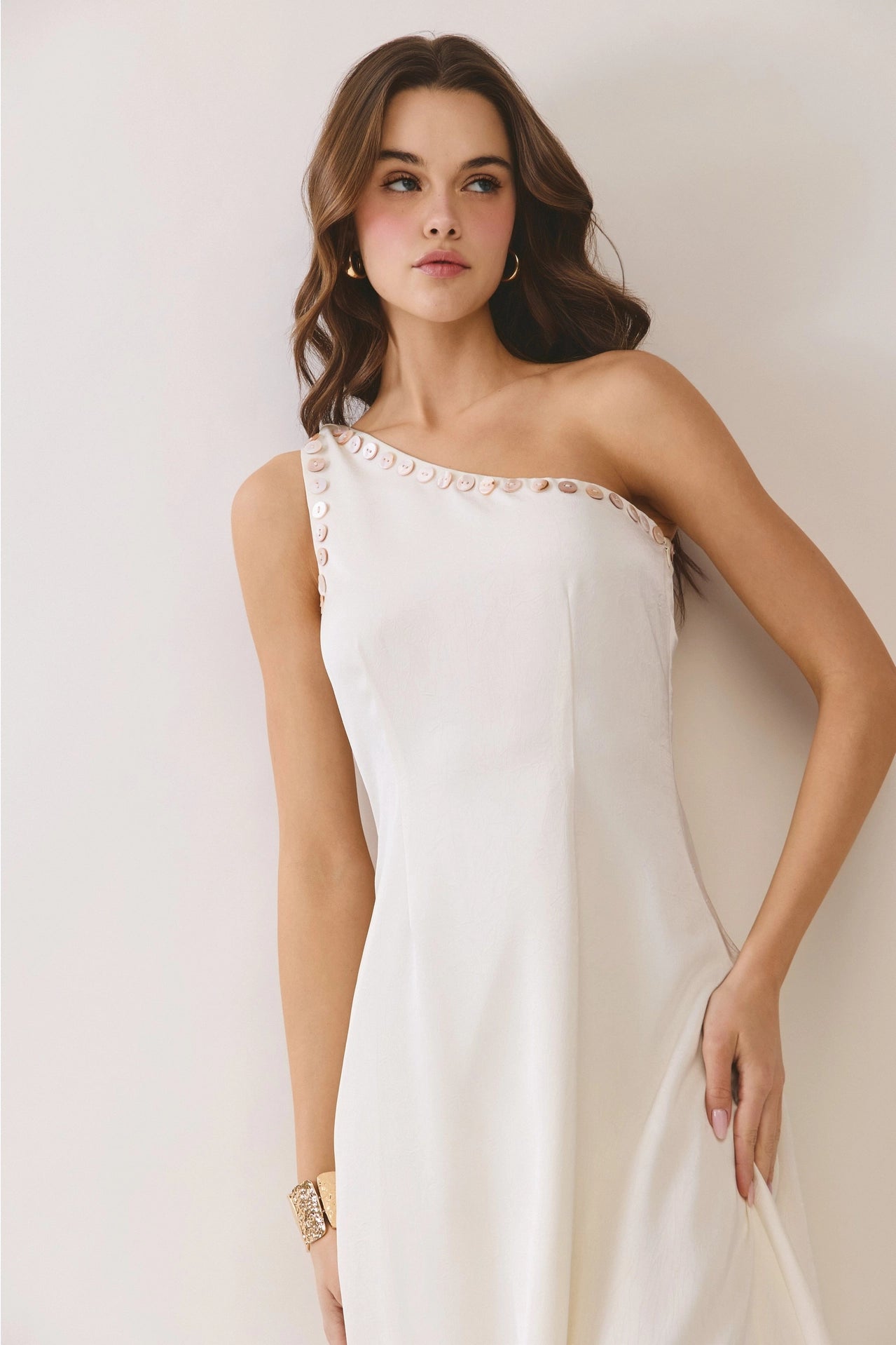One Shoulder Button Detail Midi Dress