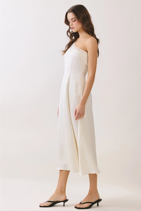 One Shoulder Button Detail Midi Dress