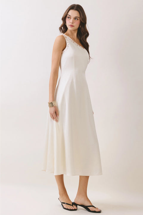 One Shoulder Button Detail Midi Dress