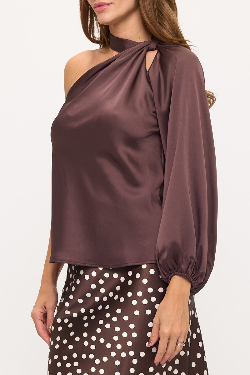 One Shoulder Long Sleeve Satin Top-2