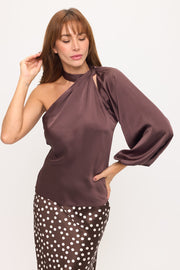One Shoulder Long Sleeve Satin Top-0