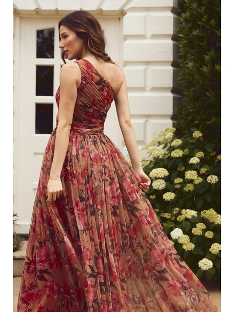 One Shoulder Maxi Dress in Red Rose Floral