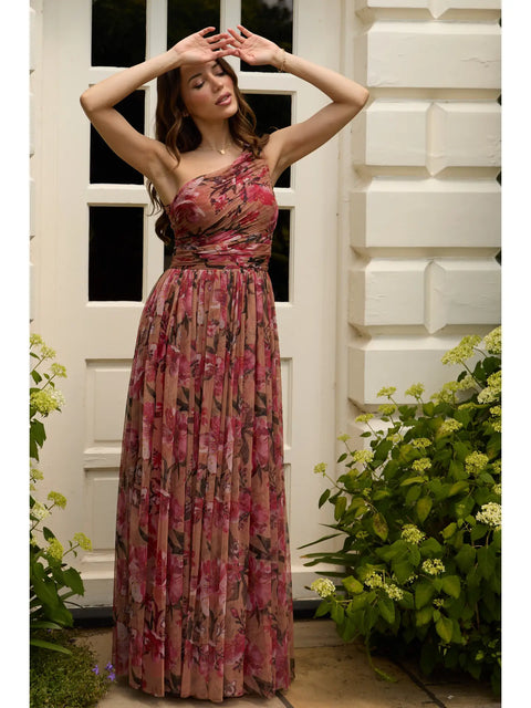 One Shoulder Maxi Dress in Red Rose Floral