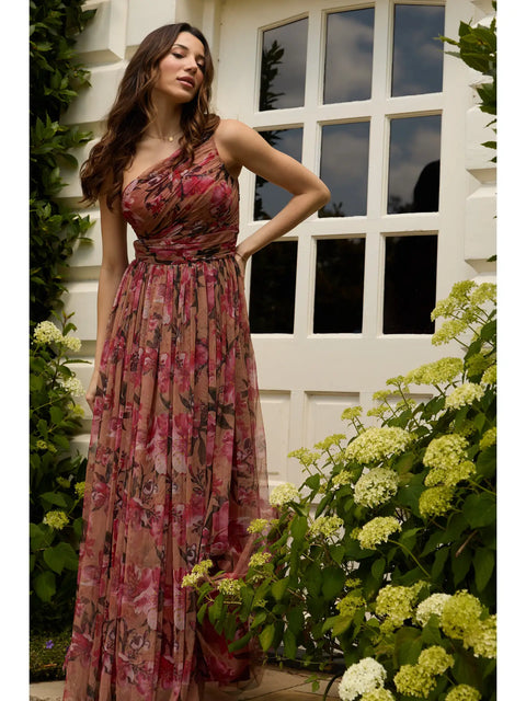 One Shoulder Maxi Dress in Red Rose Floral