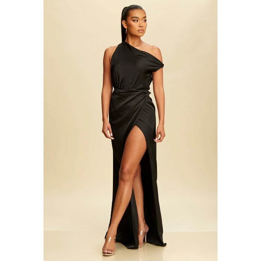One Shoulder Open Skirt Satin Maxi Dress BLACK-Dress-Luxxel-S-BLACK-Urbanheer