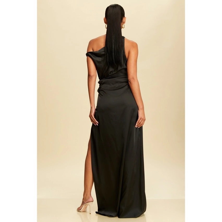 One Shoulder Open Skirt Satin Maxi Dress BLACK-Dress-Luxxel-S-BLACK-Urbanheer
