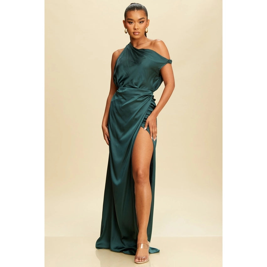One Shoulder Open Skirt Satin Maxi Dress HUNTER GREEN-Dress-Luxxel-S-HUNTER GREEN-Urbanheer