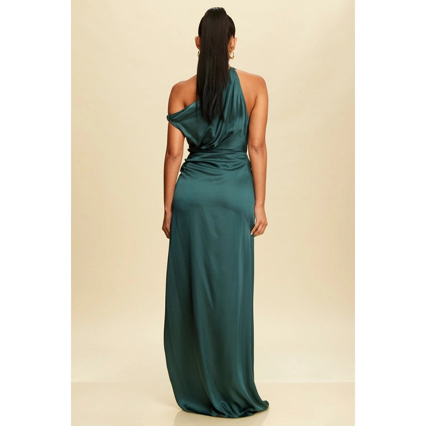 One Shoulder Open Skirt Satin Maxi Dress HUNTER GREEN-Dress-Luxxel-S-HUNTER GREEN-Urbanheer