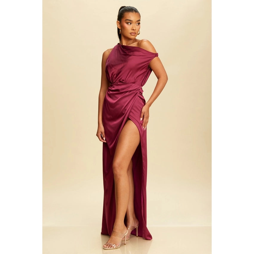 One Shoulder Open Skirt Satin Maxi Dress MAGENTA-Dress-Luxxel-S-MAGENTA-Urbanheer